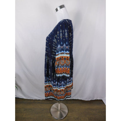 Bohemian Navy & Orange Print Dress Size M Boho Shift