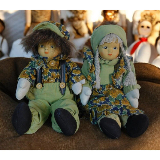 Vintage Boy & Girl Porcelain Cloth Dolls Sunflower Outfits Farmhouse Decor