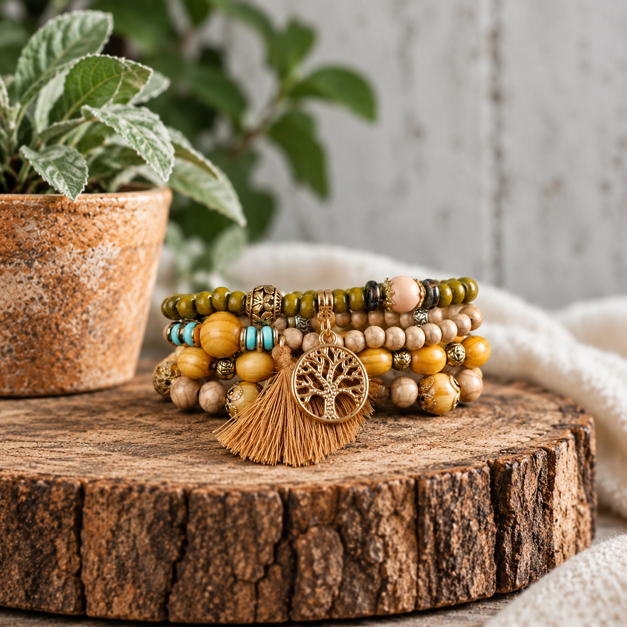 Boho Tree of Life Beaded Bracelet Set Earth Tone Stretch Bracelets with Tassel