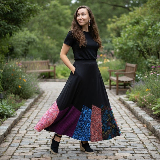 Sweet Threads Small Boho Patchwork Maxi Skirt Smocked