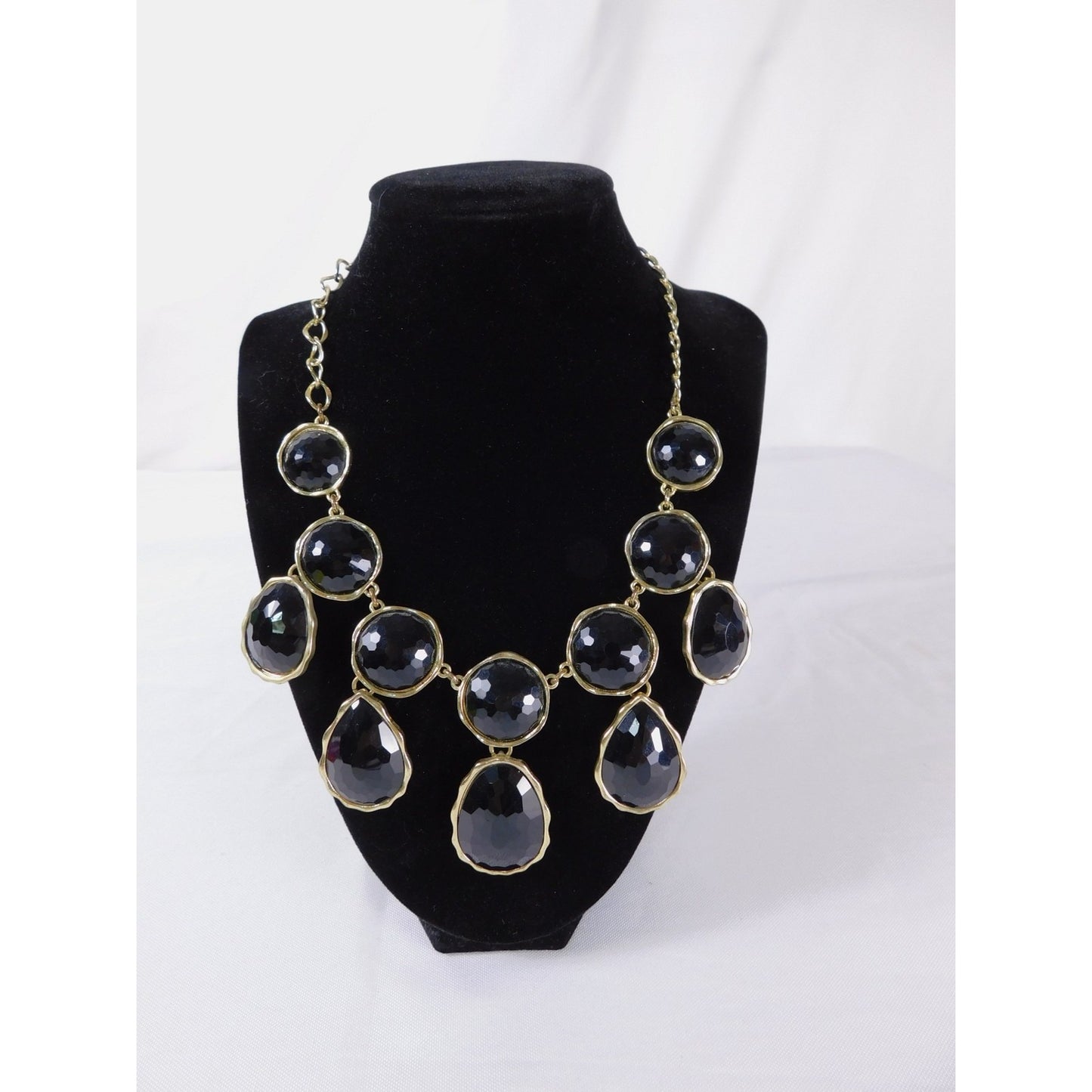 Statement Bib Necklace Faceted Glass Stones Gold Tone Chain Bold Fashion Jewelry