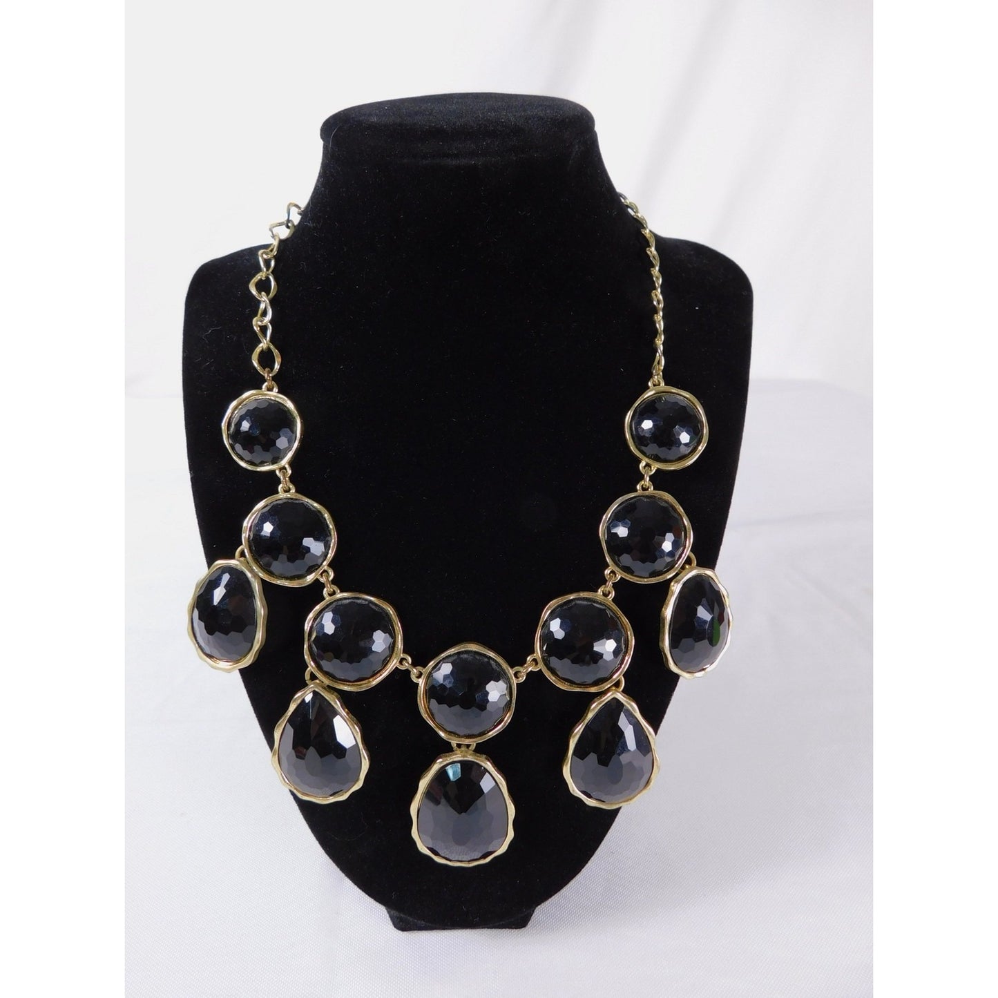 Statement Bib Necklace Faceted Glass Stones Gold Tone Chain Bold Fashion Jewelry