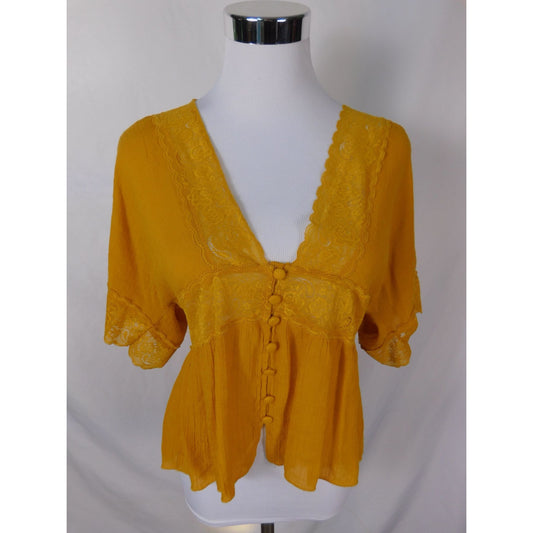 American Threads Mustard Lace Blouse L Boho Cottagecore Witch