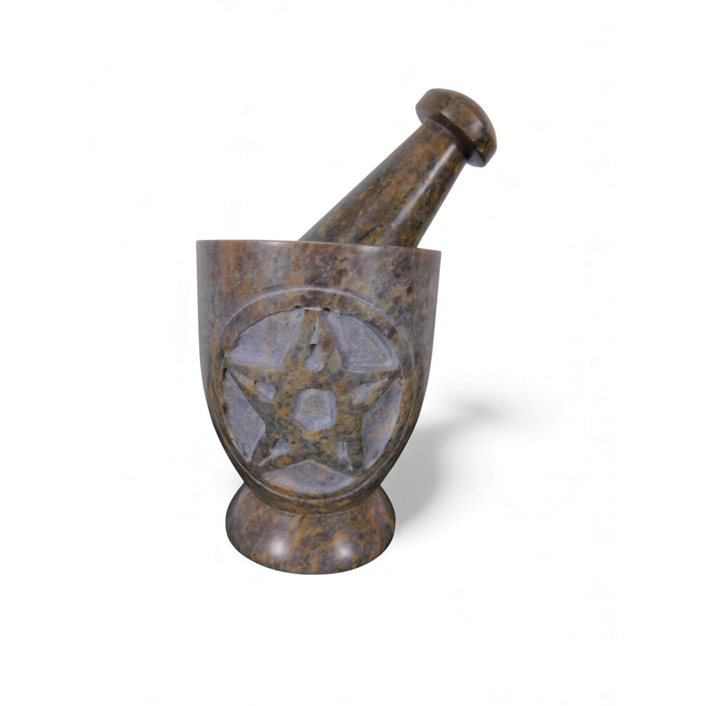 Pentacle Carved Soapstone Mortar & Pestle 4"H × 3"D - Ritual Grinder - New