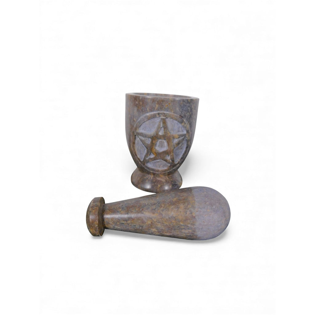 Pentacle Carved Soapstone Mortar & Pestle 4"H × 3"D - Ritual Grinder - New