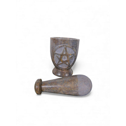 Pentacle Carved Soapstone Mortar & Pestle 4"H × 3"D - Ritual Grinder - New