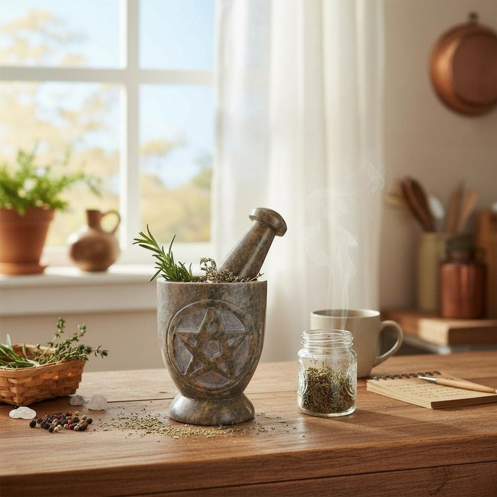 Pentacle Carved Soapstone Mortar & Pestle 4"H × 3"D - Ritual Grinder - New