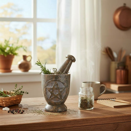 Pentacle Carved Soapstone Mortar & Pestle 4"H × 3"D - Ritual Grinder - New