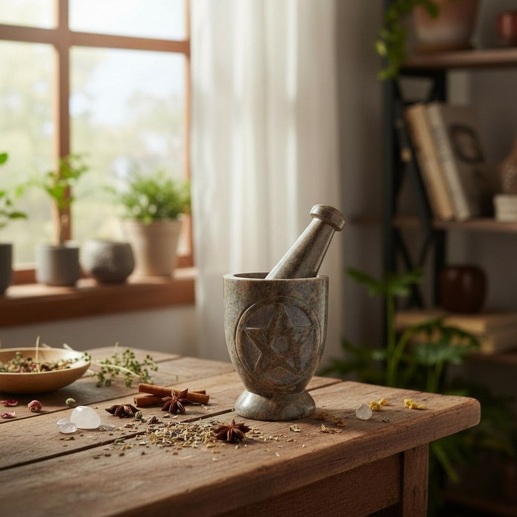 Pentacle Carved Soapstone Mortar & Pestle 4"H × 3"D - Ritual Grinder - New