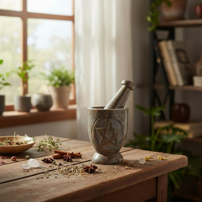 Pentacle Carved Soapstone Mortar & Pestle 4"H × 3"D - Ritual Grinder - New