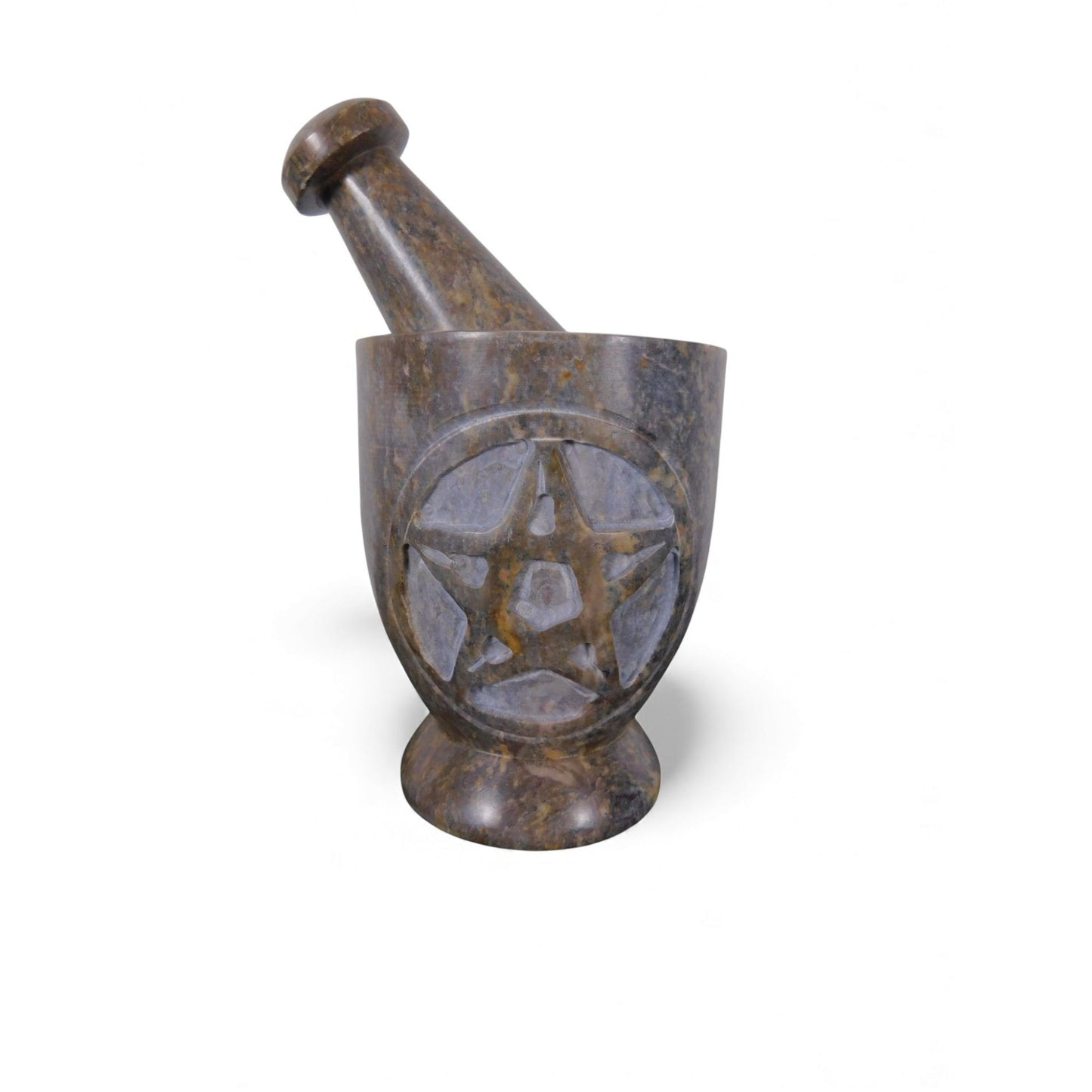 Pentacle Carved Soapstone Mortar & Pestle 4"H × 3"D - Ritual Grinder - New