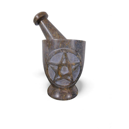 Pentacle Carved Soapstone Mortar & Pestle 4"H × 3"D - Ritual Grinder - New