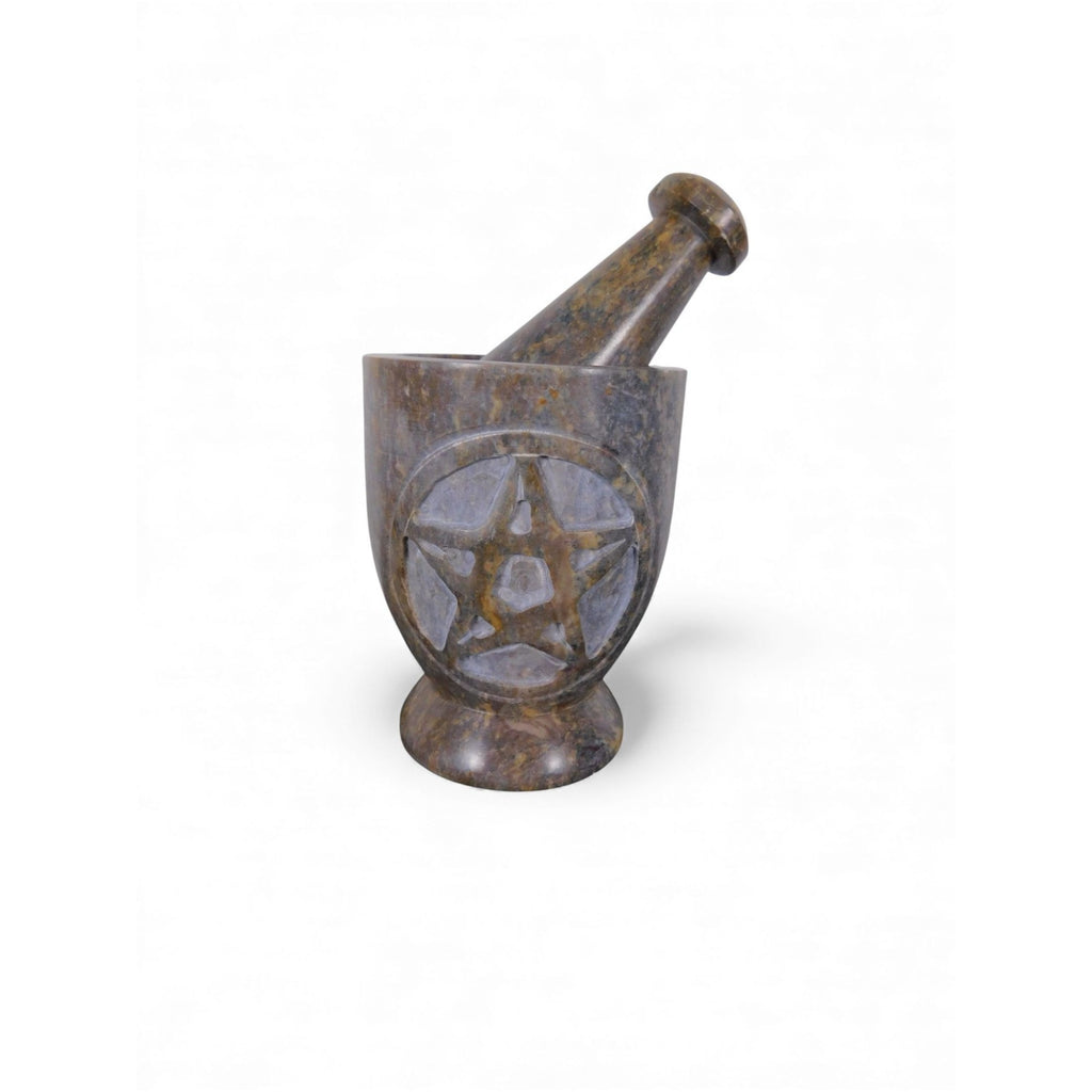 Pentacle Carved Soapstone Mortar & Pestle 4"H × 3"D - Ritual Grinder - New