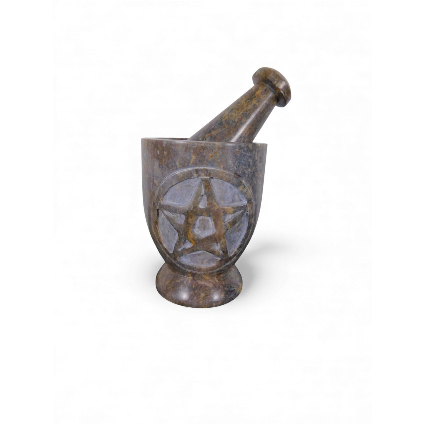 Pentacle Carved Soapstone Mortar & Pestle 4"H × 3"D - Ritual Grinder - New