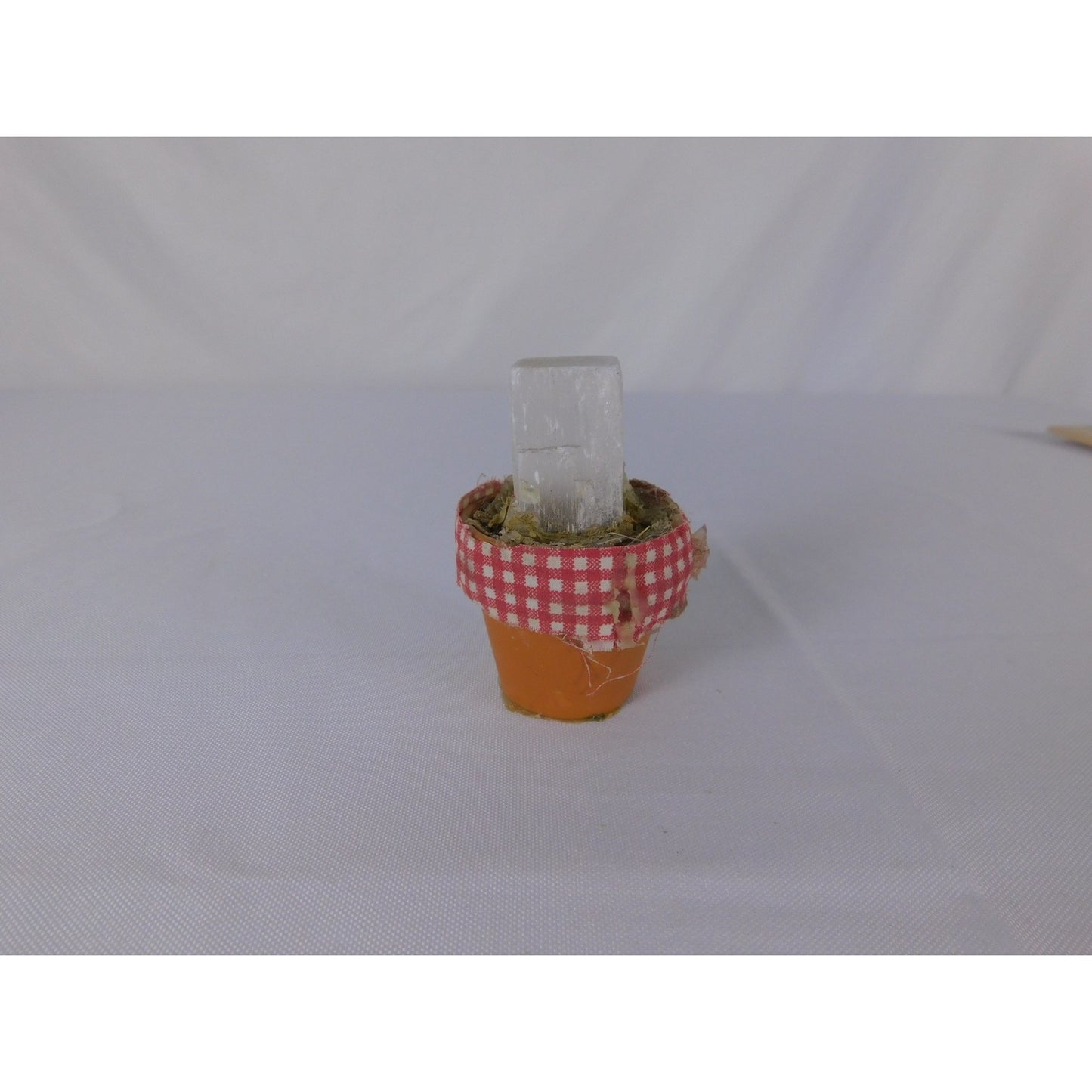 Mini Selenite Crystal In Terracotta Pot Gingham Ribbon Rustic Witchy Altar Decor