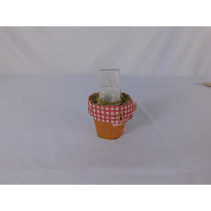 Mini Selenite Crystal In Terracotta Pot Gingham Ribbon Rustic Witchy Altar Decor