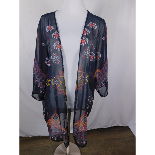 Boho Floral Paisley Kimono Sheer Cardigan Navy Black L