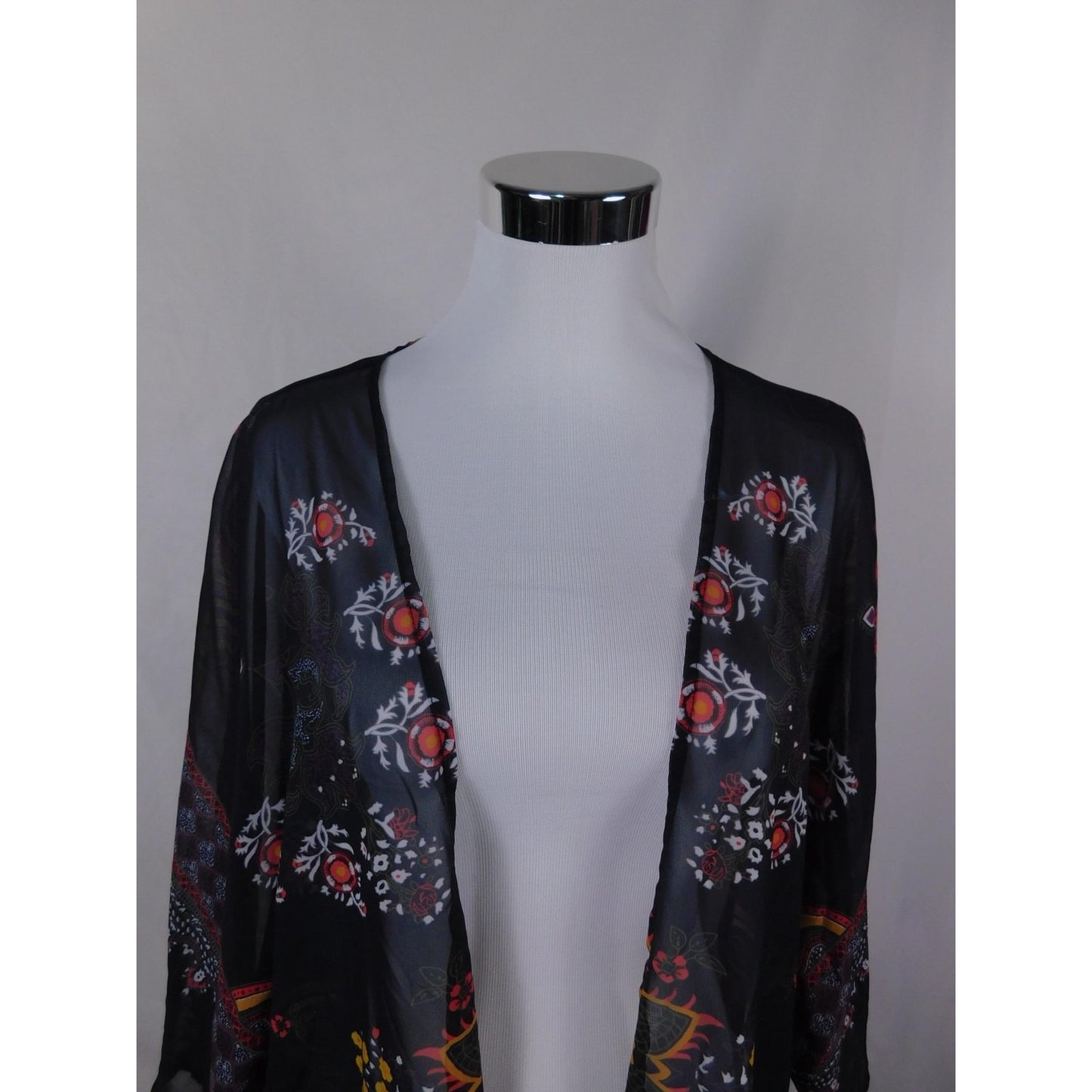 Boho Floral Paisley Kimono Sheer Cardigan Navy Black L