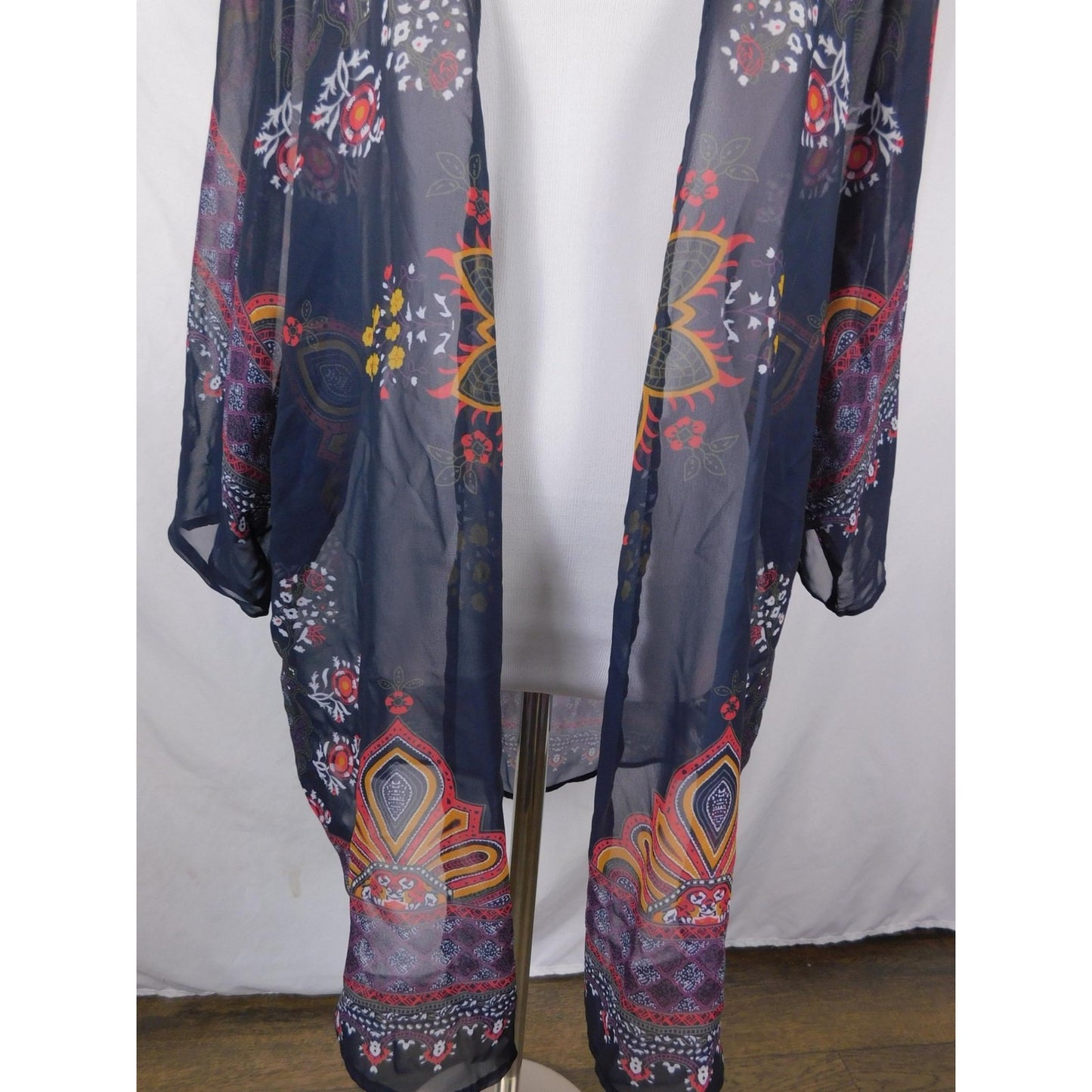 Boho Floral Paisley Kimono Sheer Cardigan Navy Black L