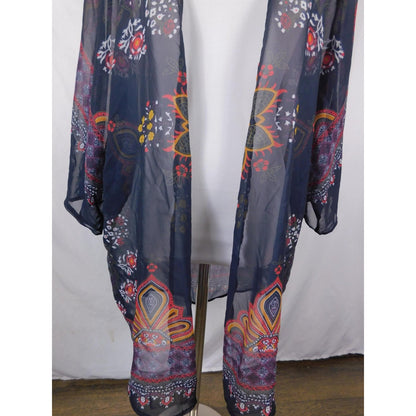 Boho Floral Paisley Kimono Sheer Cardigan Navy Black L