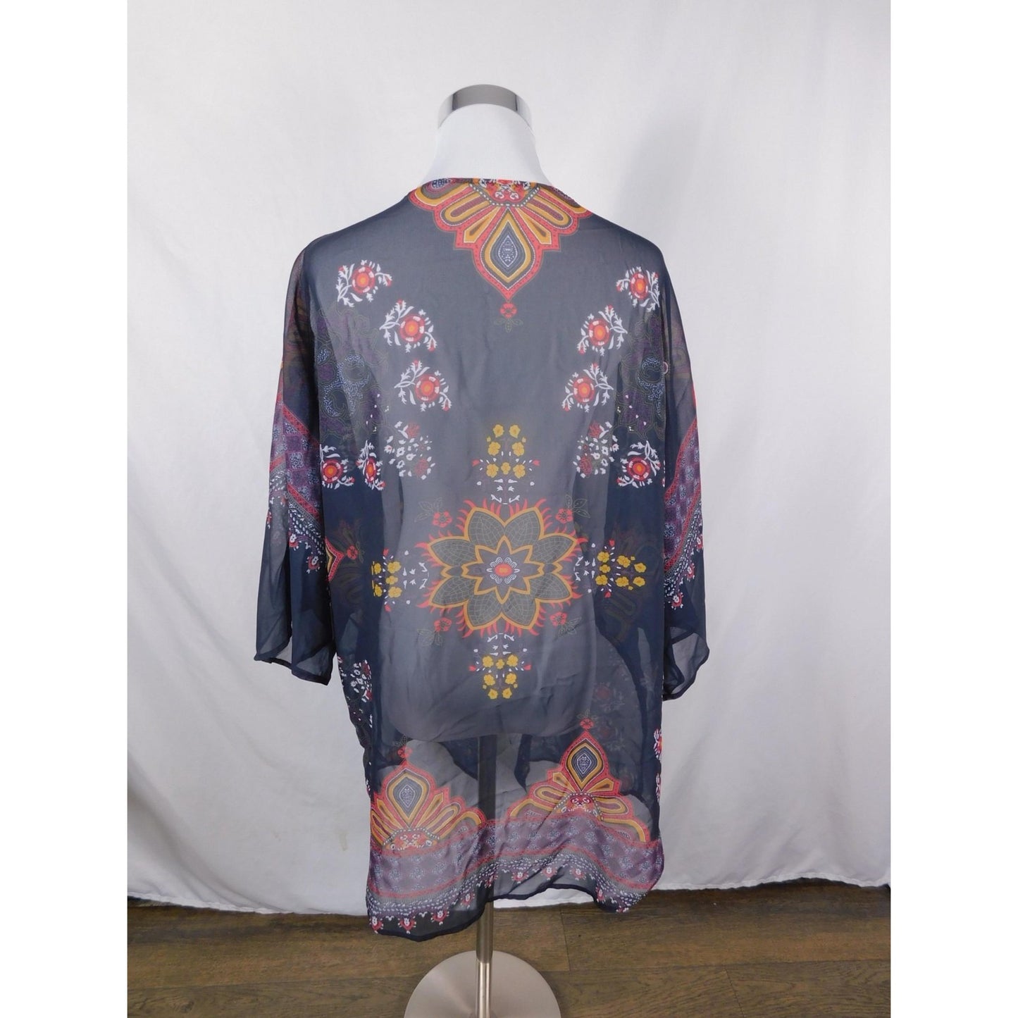 Boho Floral Paisley Kimono Sheer Cardigan Navy Black L