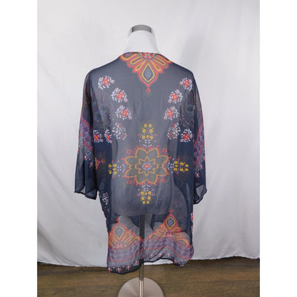 Boho Floral Paisley Kimono Sheer Cardigan Navy Black L