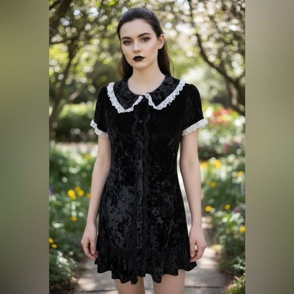 Dolls Kill Grave Girls Black Velvet Wednesday Dress S - Lace Goth - Excellent