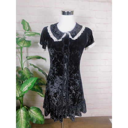Dolls Kill Grave Girls Black Velvet Wednesday Dress S - Lace Goth - Excellent