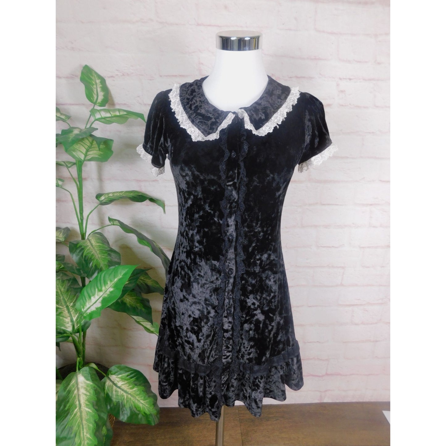 Dolls Kill Grave Girls Black Velvet Wednesday Dress S - Lace Goth - Excellent