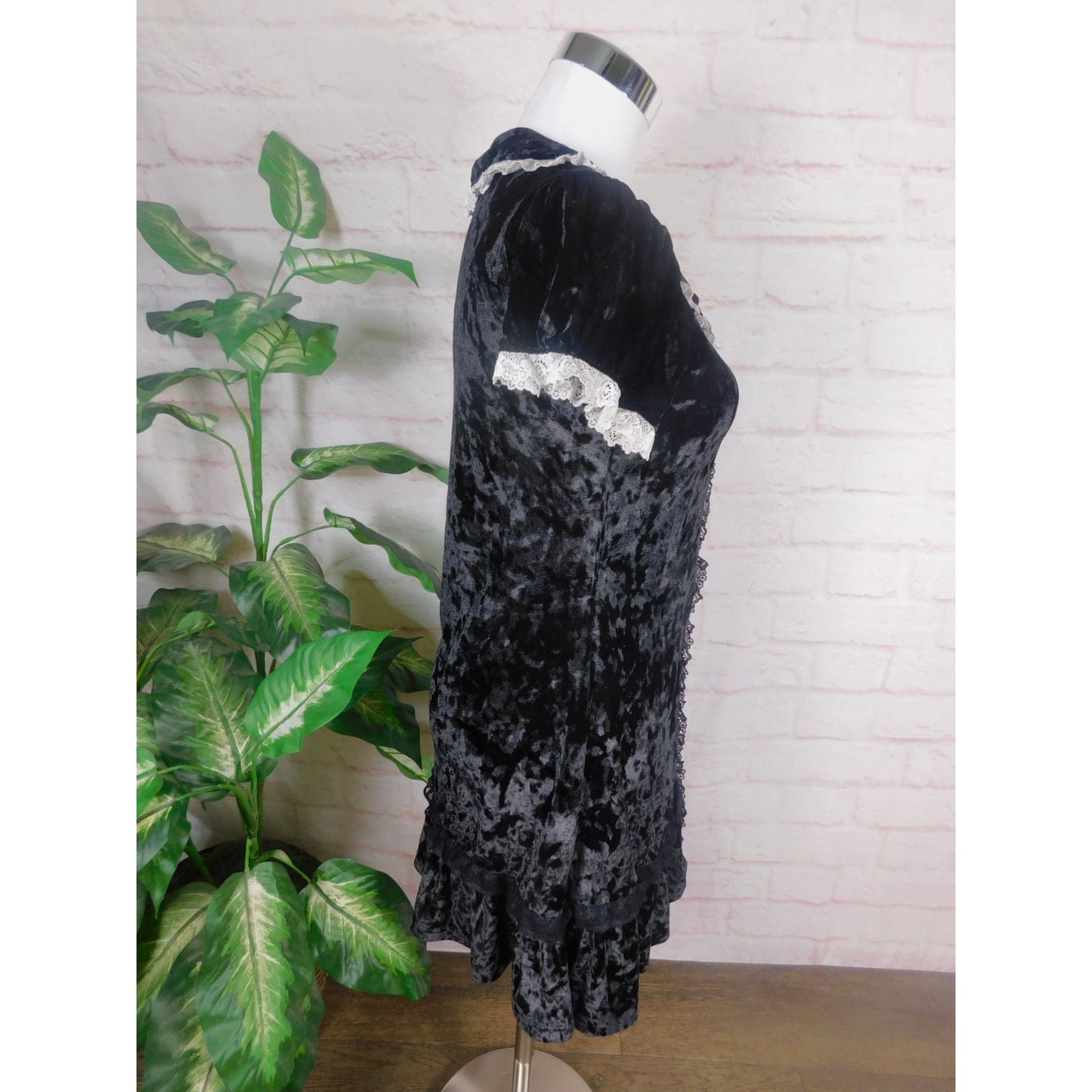 Dolls Kill Grave Girls Black Velvet Wednesday Dress S - Lace Goth - Excellent