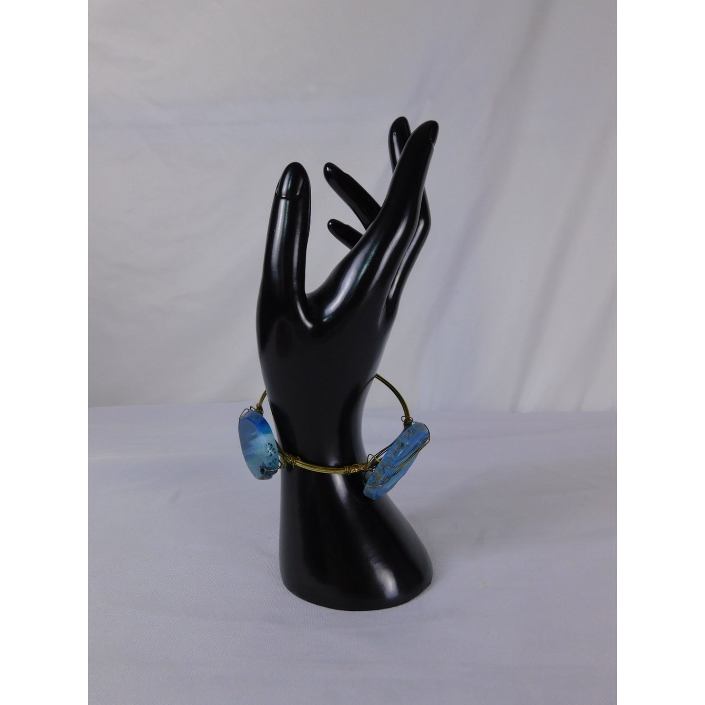 Handmade Bangle Bracelet Wire Wrapped Gold Tone Boho Statement Agate Jewelry