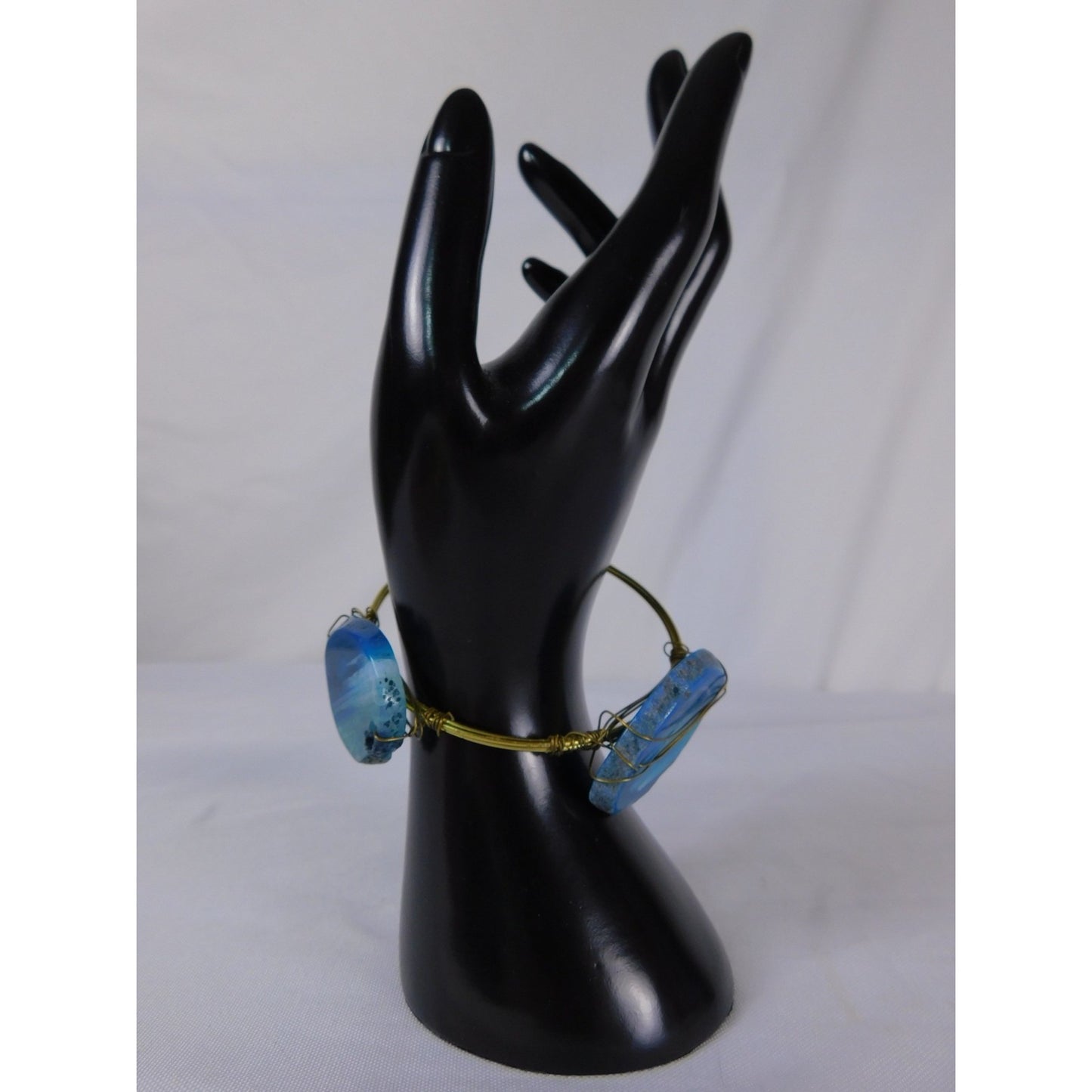 Handmade Bangle Bracelet Wire Wrapped Gold Tone Boho Statement Agate Jewelry