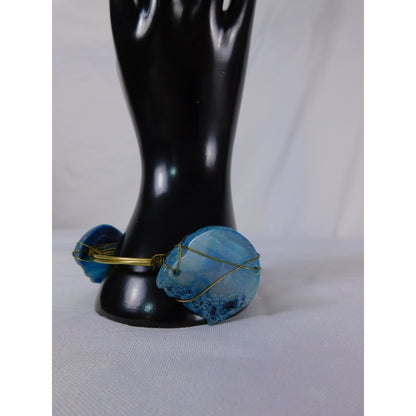 Handmade Bangle Bracelet Wire Wrapped Gold Tone Boho Statement Agate Jewelry