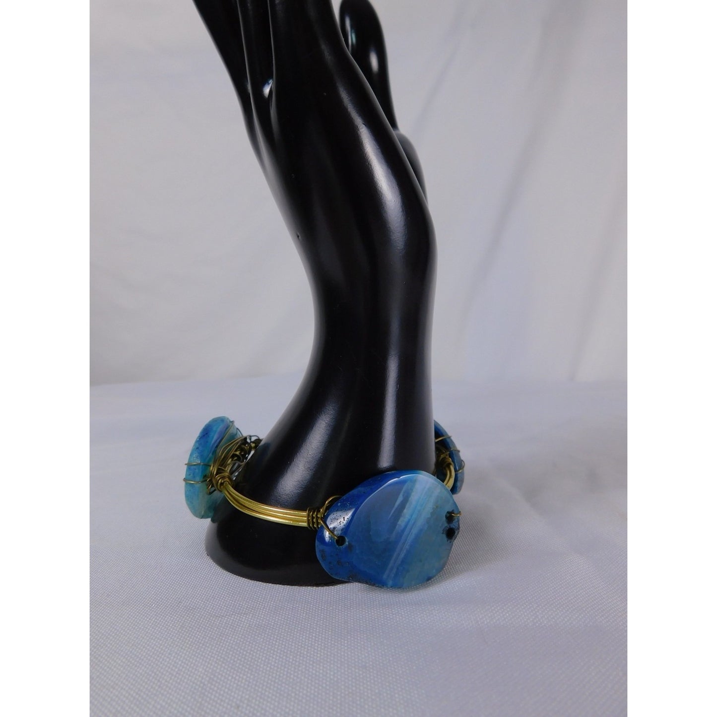 Handmade Bangle Bracelet Wire Wrapped Gold Tone Boho Statement Agate Jewelry