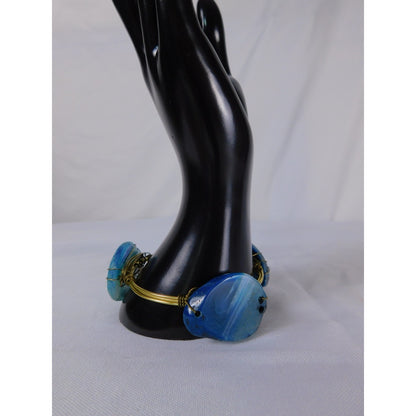 Handmade Bangle Bracelet Wire Wrapped Gold Tone Boho Statement Agate Jewelry