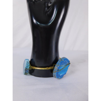 Handmade Bangle Bracelet Wire Wrapped Gold Tone Boho Statement Agate Jewelry