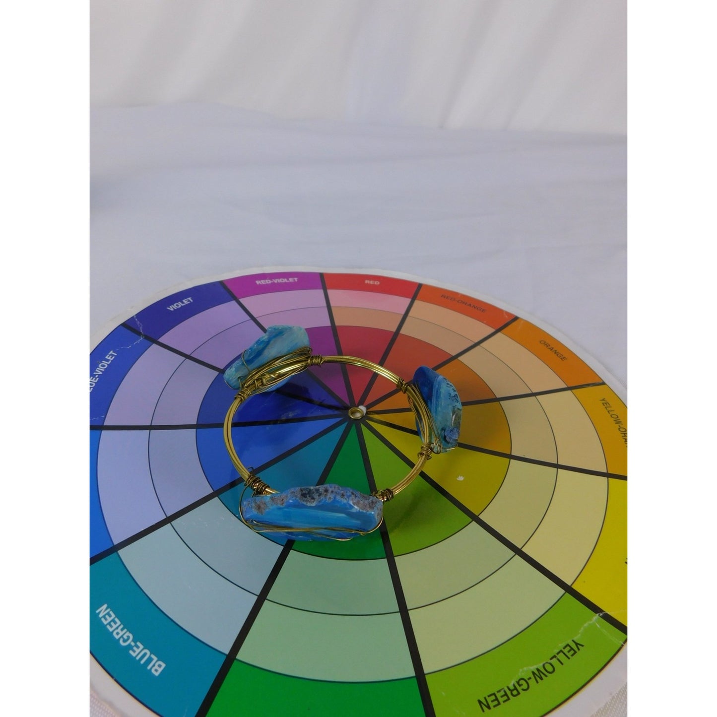 Handmade Bangle Bracelet Wire Wrapped Gold Tone Boho Statement Agate Jewelry