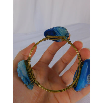 Handmade Bangle Bracelet Wire Wrapped Gold Tone Boho Statement Agate Jewelry