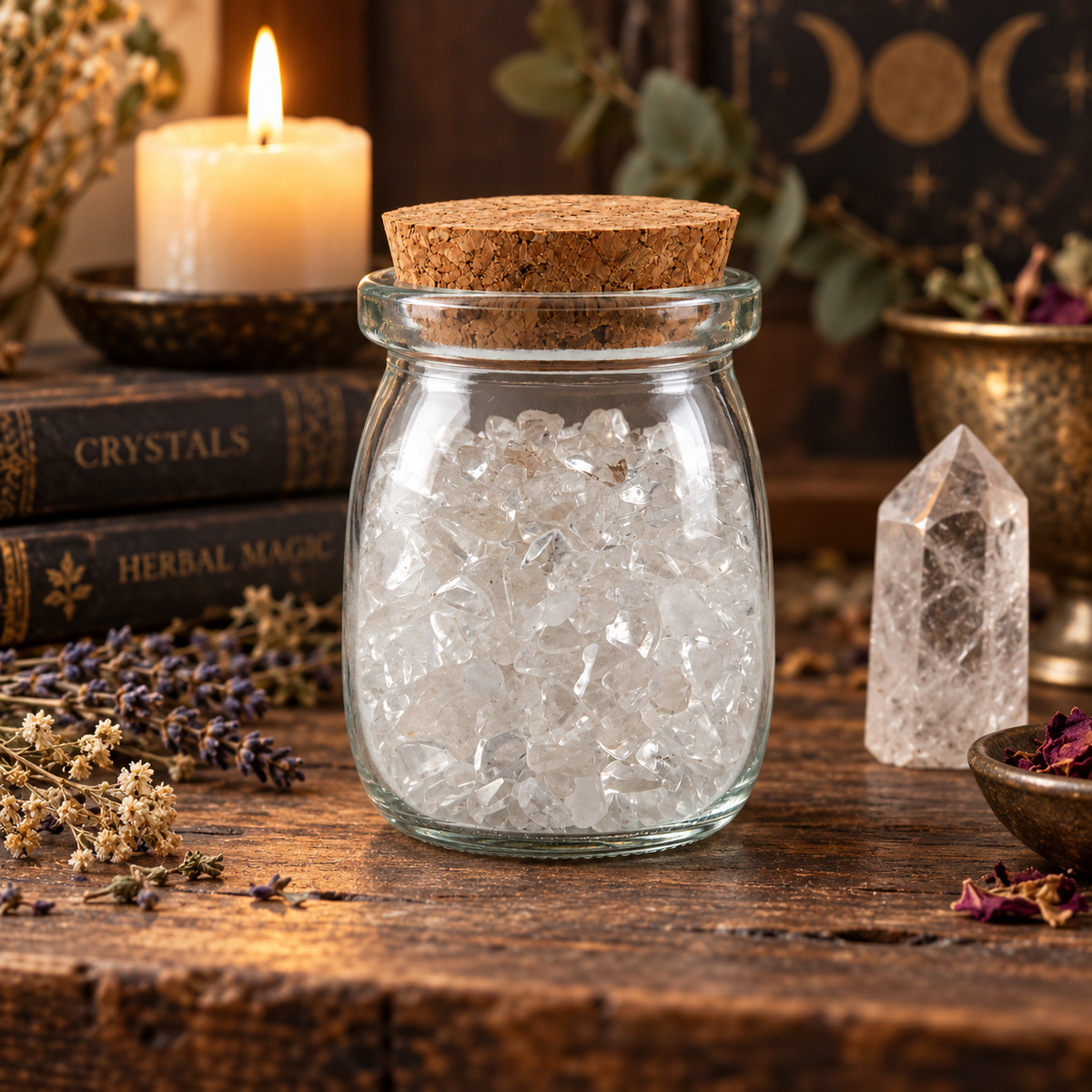 Clear Quartz Crystal Chips, 5 oz Glass Jar