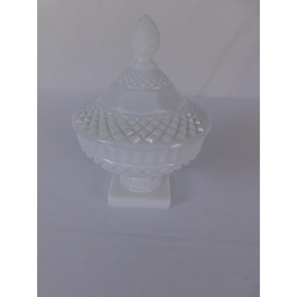 Vintage White Milk Glass Diamond Point Lidded Compote Pedestal Bowl Candy Dish