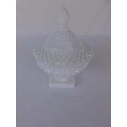 Vintage White Milk Glass Diamond Point Lidded Compote Pedestal Bowl Candy Dish