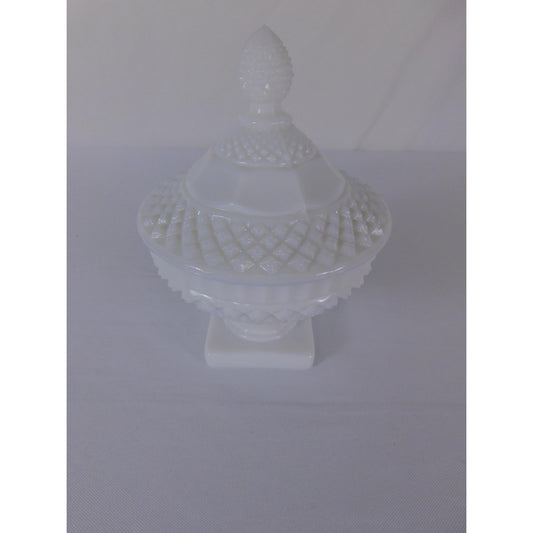 Vintage White Milk Glass Diamond Point Lidded Compote Pedestal Bowl Candy Dish