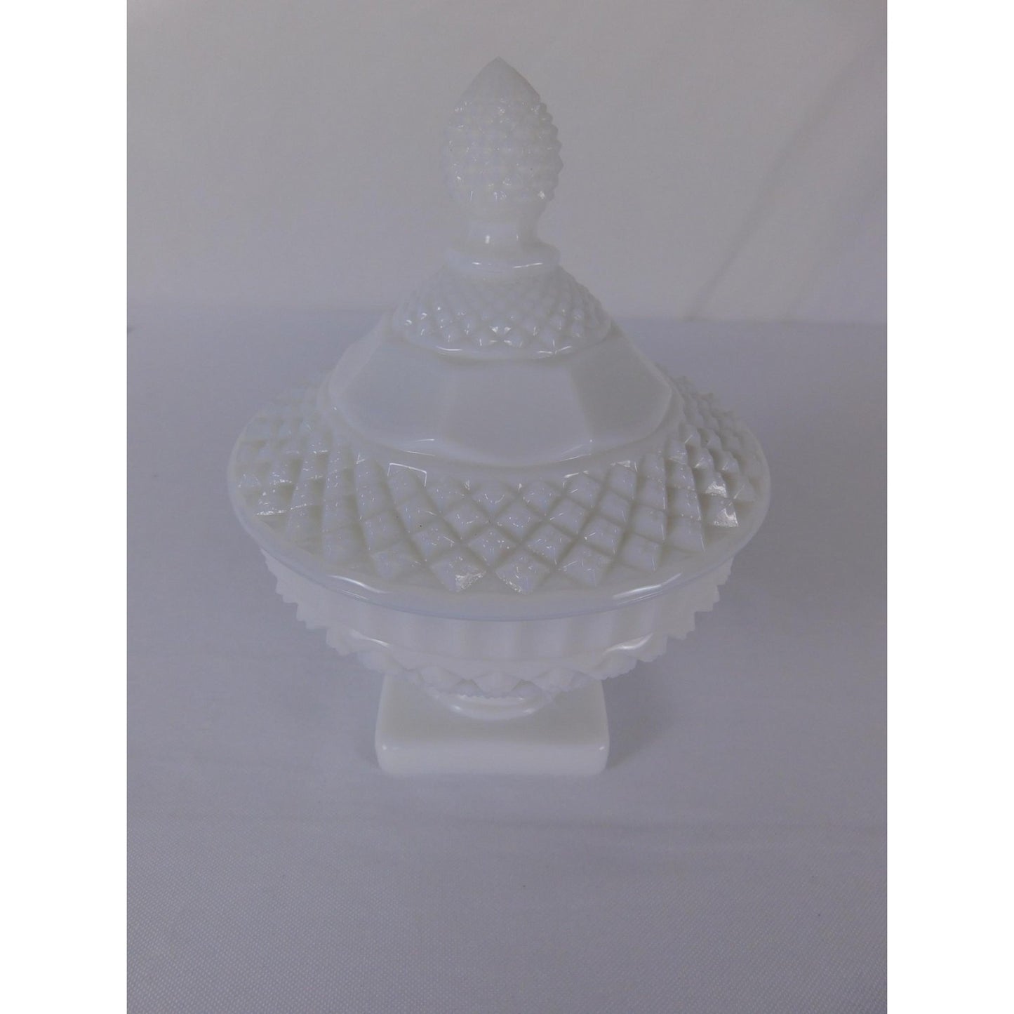 Vintage White Milk Glass Diamond Point Lidded Compote Pedestal Bowl Candy Dish