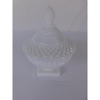 Vintage White Milk Glass Diamond Point Lidded Compote Pedestal Bowl Candy Dish