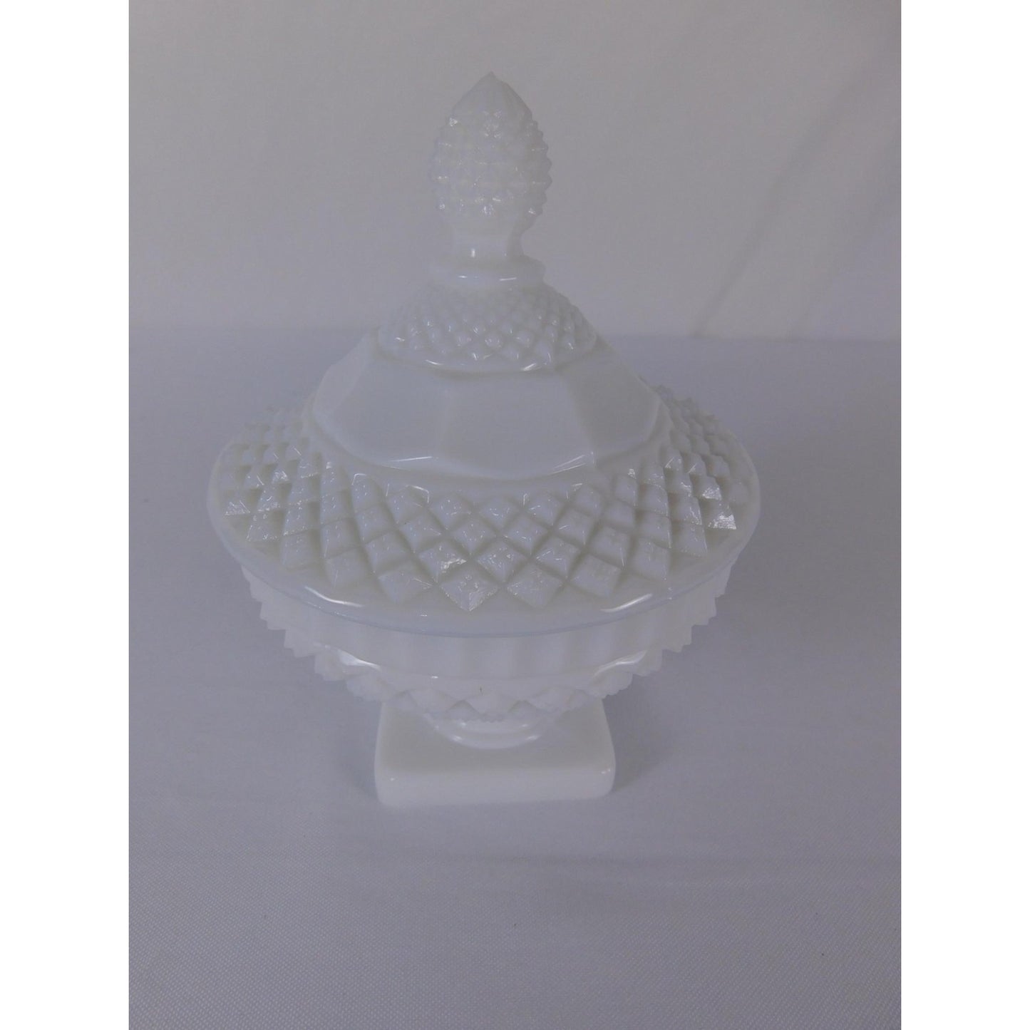 Vintage White Milk Glass Diamond Point Lidded Compote Pedestal Bowl Candy Dish