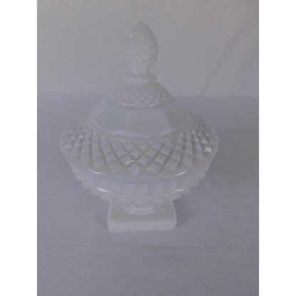 Vintage White Milk Glass Diamond Point Lidded Compote Pedestal Bowl Candy Dish