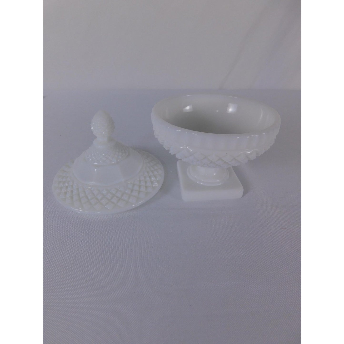 Vintage White Milk Glass Diamond Point Lidded Compote Pedestal Bowl Candy Dish