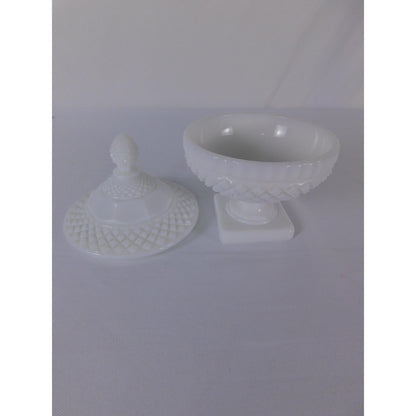 Vintage White Milk Glass Diamond Point Lidded Compote Pedestal Bowl Candy Dish