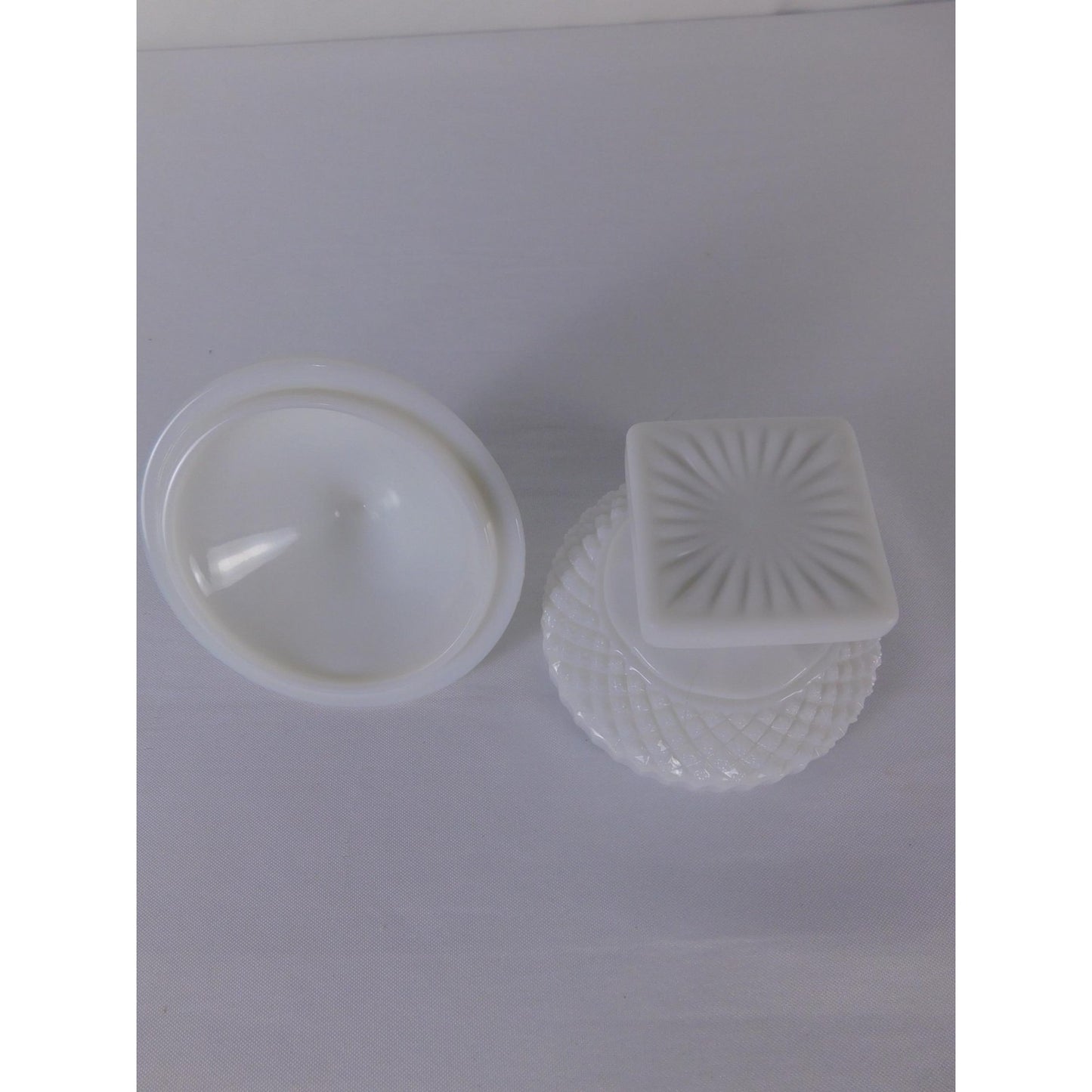Vintage White Milk Glass Diamond Point Lidded Compote Pedestal Bowl Candy Dish
