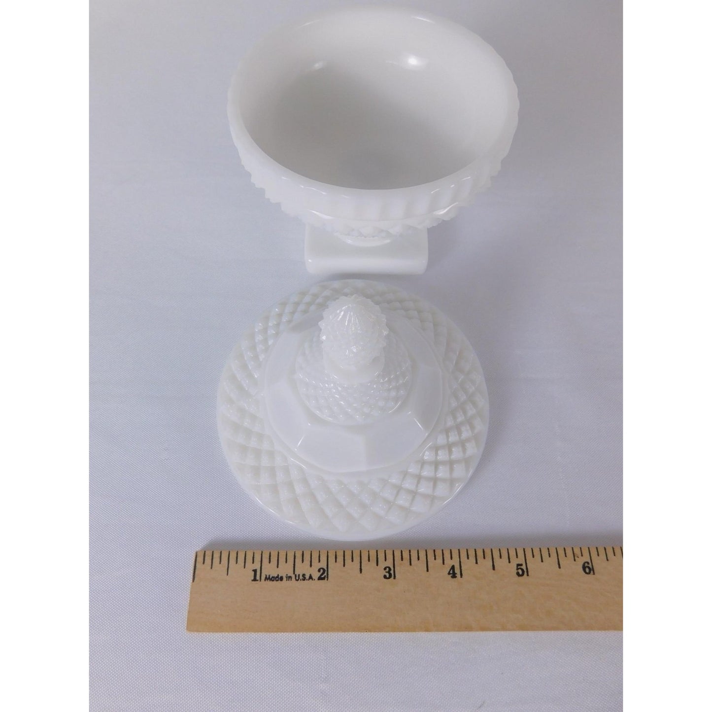 Vintage White Milk Glass Diamond Point Lidded Compote Pedestal Bowl Candy Dish